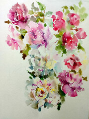 Abstract bright colored decorative background . Floral pattern handmade . Beautiful tender romantic bouquet of rose flowers , made in the technique of watercolors from nature.