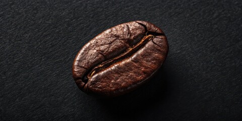 A single roasted coffee bean rests on a dark surface, showcasing its rich brown color and intricate texture.