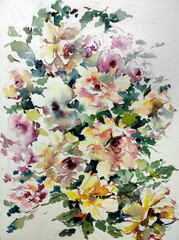 Abstract bright colored decorative background . Floral pattern handmade . Beautiful tender romantic bouquet of rose flowers , made in the technique of watercolors from nature.