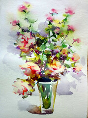 Abstract bright colored decorative background . Floral pattern handmade . Beautiful tender romantic bouquet of rose flowers , made in the technique of watercolors from nature.