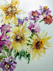 Abstract bright colored decorative background . Floral pattern handmade . Beautiful tender romantic bouquet of  flowers , made in the technique of watercolors from nature.