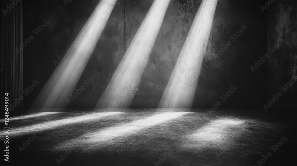 Poster abstract empty studio black wall background with light shining through slits 3d render illustration