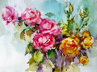 Abstract bright colored decorative background . Floral pattern handmade . Beautiful tender romantic bouquet of rose flowers , made in the technique of watercolors from nature.