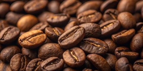 Fototapeta premium A close-up view of roasted coffee beans, showcasing their rich brown color and intricate textures.
