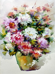 Abstract bright colored decorative background . Floral pattern handmade . Beautiful tender romantic bouquet of rose flowers , made in the technique of watercolors from nature.
