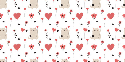 Seamless Valentine's Day pattern with cute cats, hearts, and flowers. Perfect for prints, fabrics, and decor