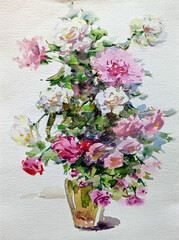Abstract bright colored decorative background . Floral pattern handmade . Beautiful tender romantic bouquet of rose flowers , made in the technique of watercolors from nature.