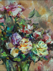 Abstract bright colored decorative background . Floral pattern handmade . Beautiful tender romantic bouquet of iris flowers , made in the technique of oil from nature.