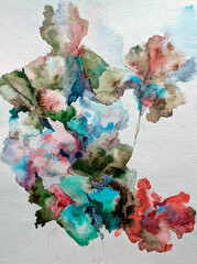 Abstract bright colored decorative background . Floral pattern handmade . Beautiful tender romantic bouquet of iris flowers , made in the technique of watercolors from nature.