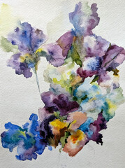 Abstract bright colored decorative background . Floral pattern handmade . Beautiful tender romantic bouquet of iris flowers , made in the technique of watercolors from nature.
