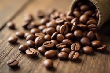 Fototapeta premium Aromatic coffee beans scattered on a wooden table, natural, seasonal
