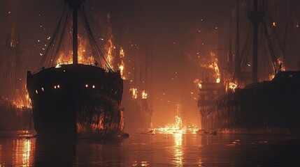 Fototapeta premium Burning Ships In A Dark Harbor At Night