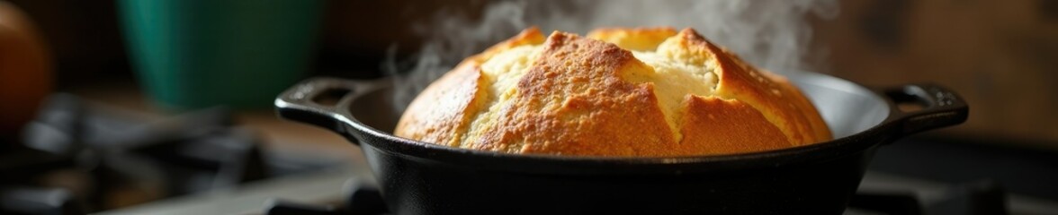 Artisan bread cooked in cast iron with steam rising over a stovetop, kitchen, hot