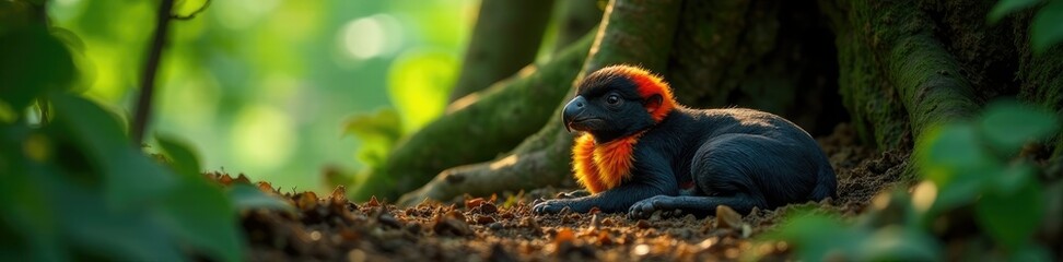 Fototapeta premium Aulador mother and pup resting in the shade of a tropical rainforest tree, mammal, wildlife, shade