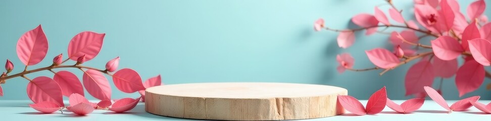 Fototapeta premium Autumnal podium made of natural wood and bright pink rosehip leaves against a light blue backdrop, wooden furniture, autumn decor, natural wood