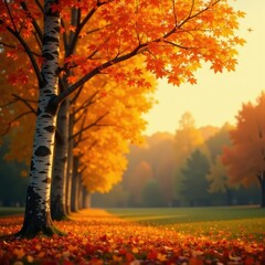 Fototapeta premium Autumn foliage of birch tree against warm sky, forest tree, bokeh background