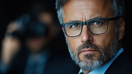 Confident and experienced corporate executive wearing glasses and a suit portraying authority leadership and expertise in a professional setting