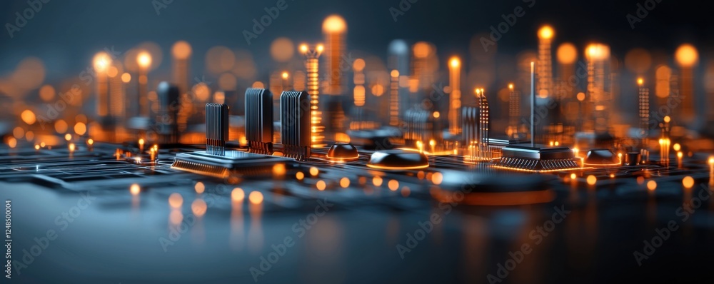 Poster futuristic cityscape with towering skyscrapers and high tech infrastructure illuminated by a smart g