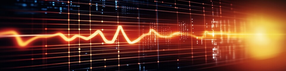 Glowing Red Heartbeat Line on Digital Grid with Bright Light, Abstract Medical Technology Background