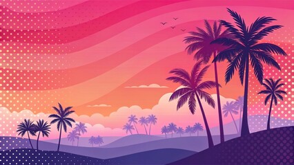 Vibrant Sunset Landscape Featuring Silhouettes of Palm Trees on Rolling Hills