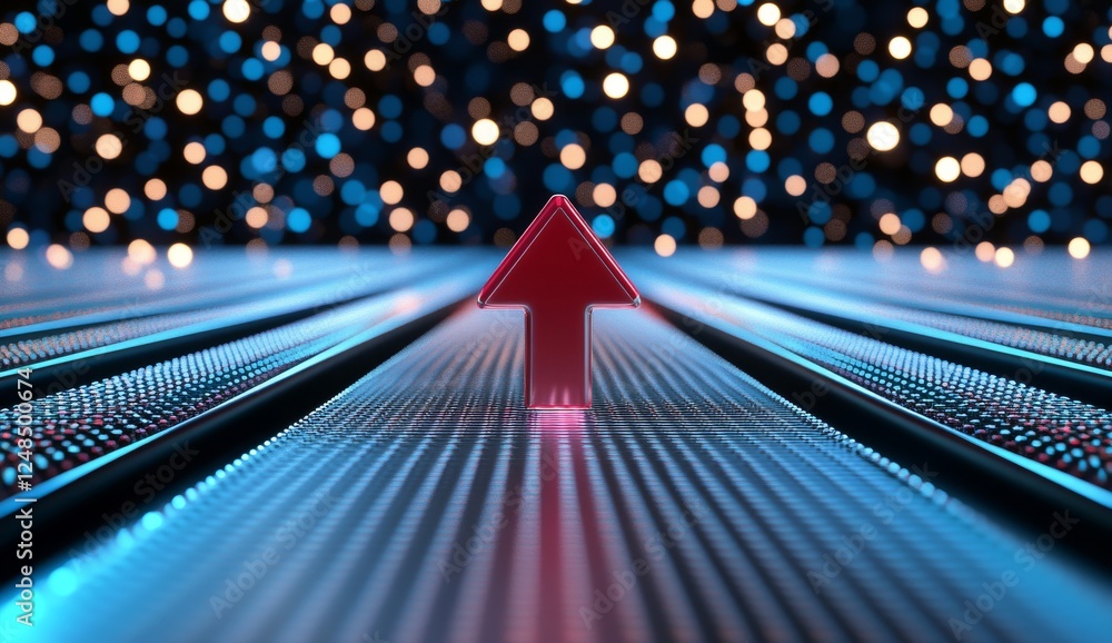 Poster 3d glowing red arrow rising with upward trend graph on dark blue background with floating light part