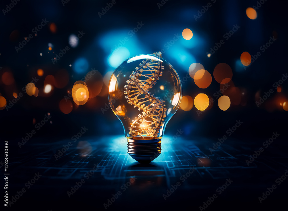 Poster a double exposure image featuring a lightbulb containing a dna strand against a bokeh background. it