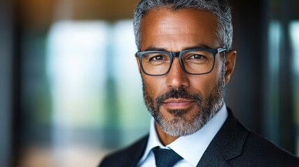 Fototapeta premium Confident Professional Looking Executive Posing for Headshot in Modern Office Attire with Suit Eyeglasses and Beard