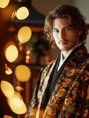 A handsome man wearing an elegant floral kimono, illuminated by warm golden lights, exuding sophistication and cultural charm in a serene Japanese setting