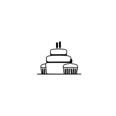 Minimalist illustration of a multi-tiered cake with candles and cupcakes against a white backdrop.