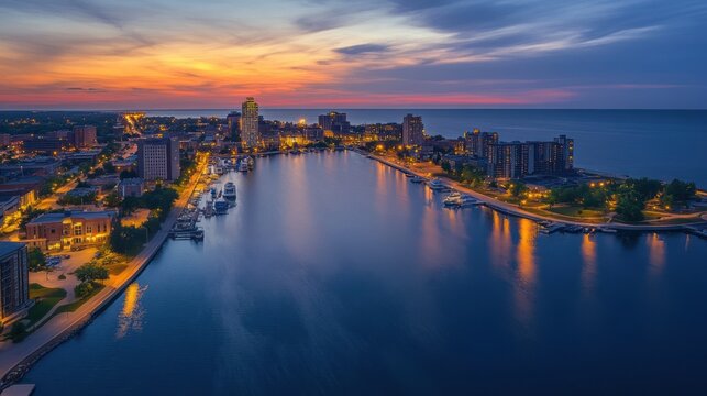 Stunning Aerial View of Traverse City at Sunset