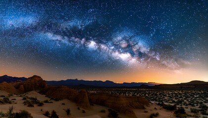 A breathtaking image of the Milky Way arching over a desert landscape at night. The starry sky contrasts with the dark desert, creating a mesmerizing, serene scene of cosmic beauty.