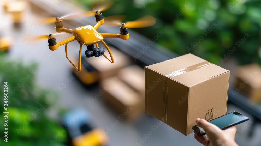Poster drone delivering package in a busy warehouse during peak shipping hours with efficient logistics and