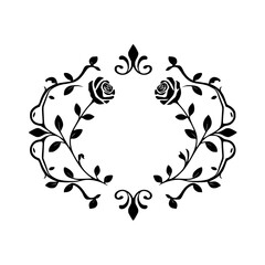Black and white ornate floral wreath with rose and leaf design. © MatandSterre