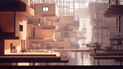 Wooden Structures Form A Futuristic Cityscape