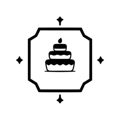 Minimalist cake icon with a three-tiered cake in a decorative frame. Black and white.