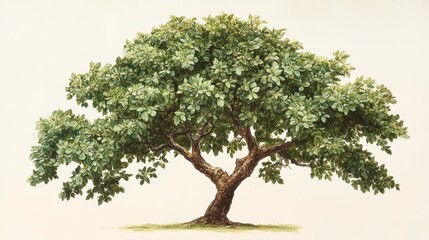 Illustration of a lush green tree with dense foliage and a brown trunk. The tree's foliage is vibrant and full, creating a rich, textured appearance. Vintage botanical illustration isolated, vector.