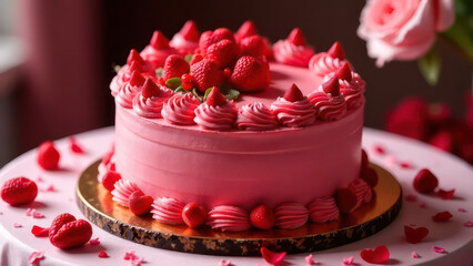 red cream cake on table; cake decorated with sugar hearts and flowers figure