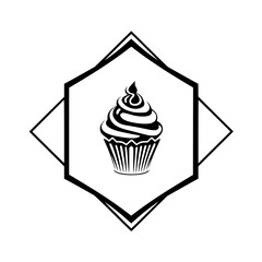 Minimalist black and white vector cupcake illustration within a diamond-shaped frame, monochrome design.