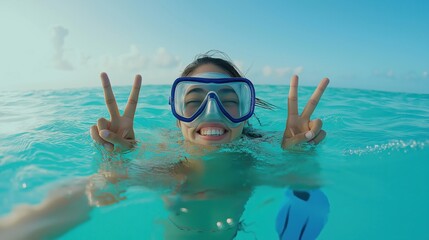 Naklejka premium young woman snorkeling in the ocean. She is wearing a blue snorkel mask and fins, and her face is partially submerged in the water