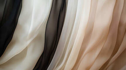 Black dark light pastel dusty pale soft brown sepia beige white abstract background. Silk satin fabric. Curtain drapery flowing line stripe. Color gradient. Beautiful elegant