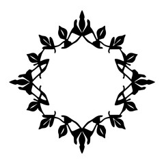 Black Floral Frame on White Background: A detailed, black floral frame in a diamond-shaped configuration, with black leaves on white background.
