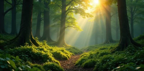 Obraz premium Sunlit moss glade in a vast, tranquil forest panorama, woodland, panorama, breathtaking