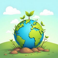 Naklejka premium Earth with growing plants and clouds in a nature scene