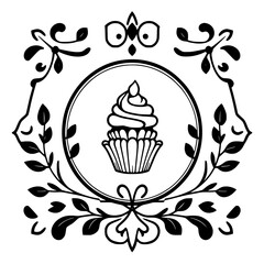 Detailed ornamental design featuring a cupcake within a circular frame, surrounded by floral and leaf patterns.