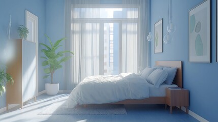 Bright and airy bedroom with blue walls and natural light in a modern urban apartment during daylight hours