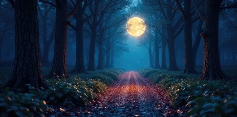 Glittery dark forest scene with a glowing moonlit path, mystic, atmosphere