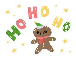 Vector Winter greeting card with  gingerbread man and ho ho ho inscription. Merry Christmas and happy New Year. Party, celebrating holidays