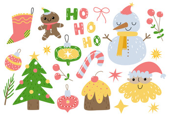 Vector Christmas collection with gingerbread, tree, cake, snowman, socks, ho ho ho. Hand drawn cartoon illustration. Flat style for kids