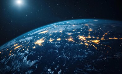 Obraz premium Earth at night, city lights glowing, space view.