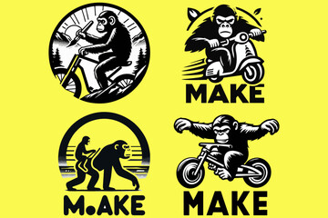 This is a logo for a monkey riding a bicycle, suitable for logo design for children's bicycle companies, playgrounds, toy shops, comics, book covers, children's books, t-shirts, banners, posters,